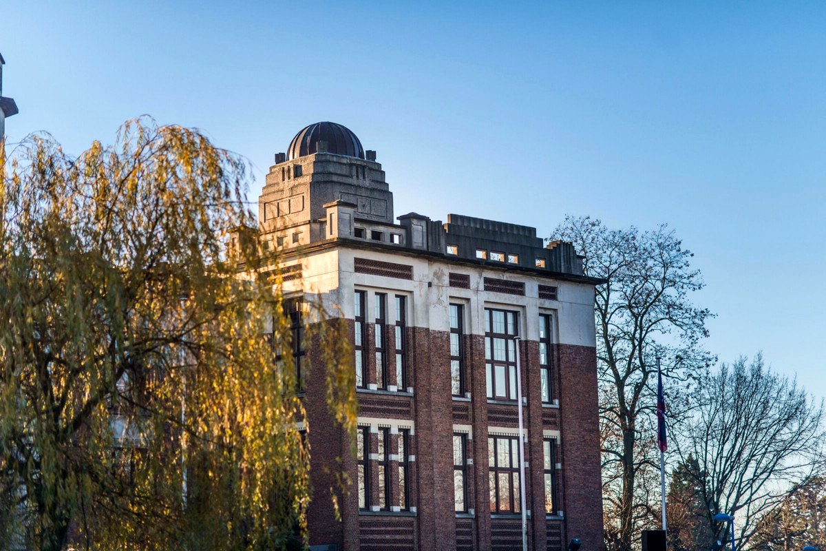 An older city building framed by trees under a clear blue sky.