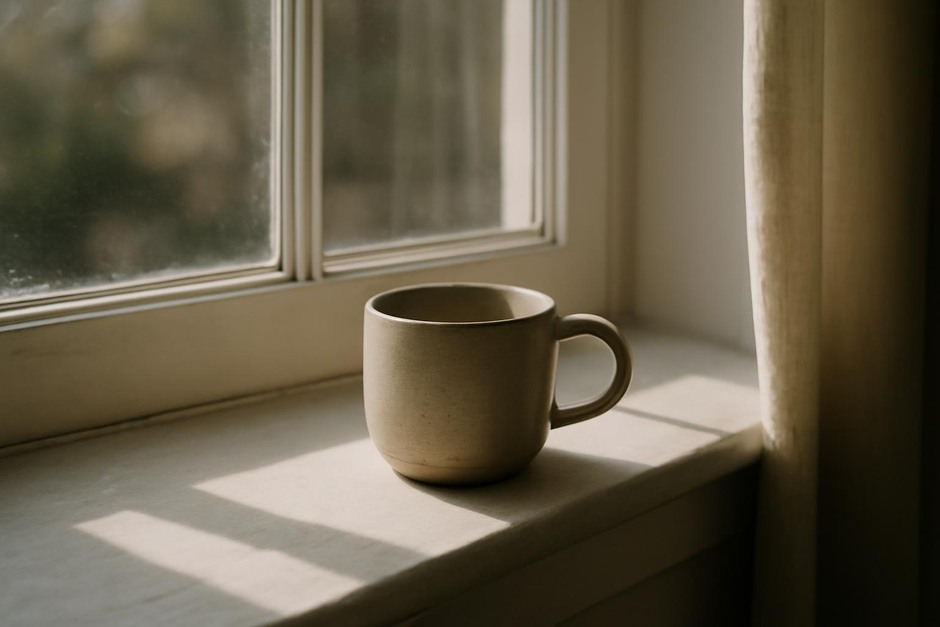 A cup on a windowsill with soft morning light and shadows