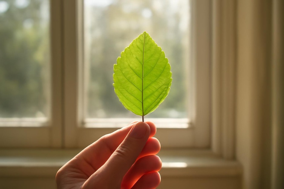 A leaf held up to a sunlit window demonstrating soft backlight