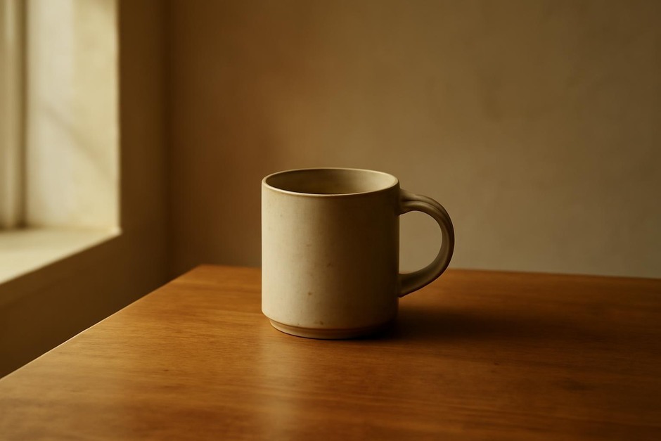 A ceramic mug on a wooden table lit by warm window light