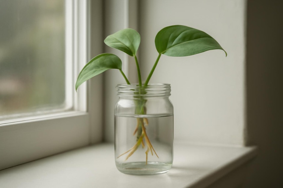 Glass jar with a green pothos cutting on a windowsill in soft morning light